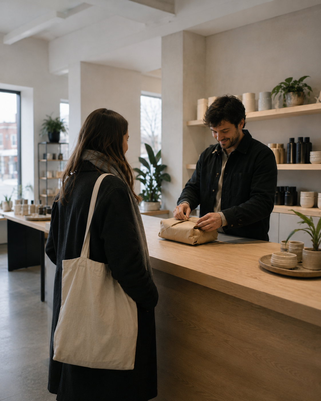 A customer at a shop counter receiving a paper-wrapped parcel from the owner, shelves of ceramics and glassware behind him