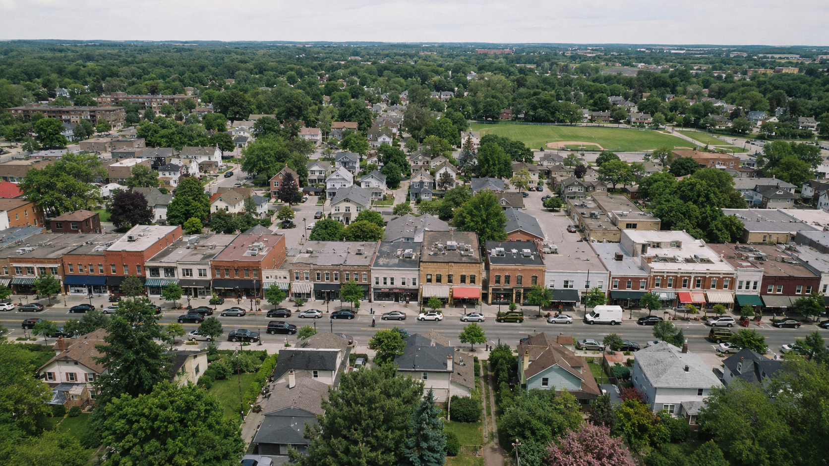 A small Canadian city seen from above its rooflines, the commercial main street running across the frame with tidy residential blocks and mature trees behind it