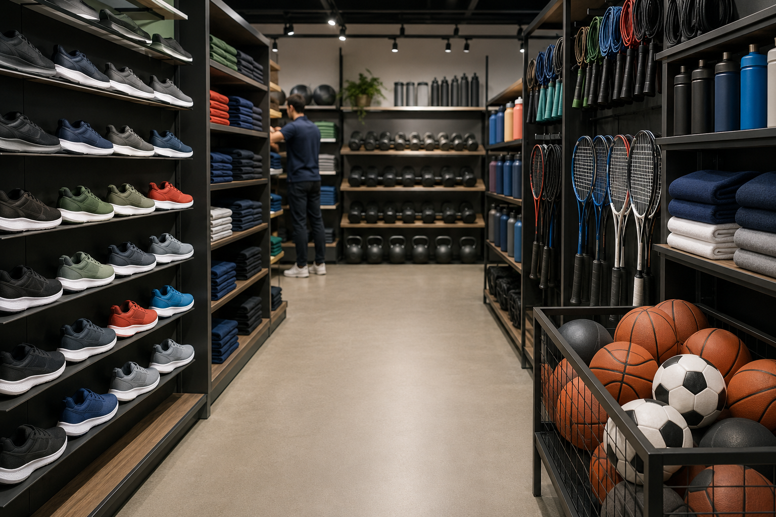 A sporting goods shop, an operator restocking apparel between racks of equipment